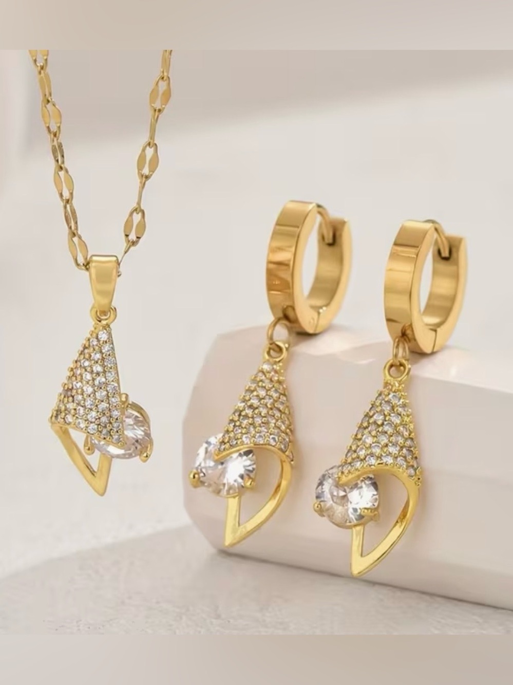 Gold Crystal Pavé Cone Pendant Necklace and Huggie Earrings Set(Jewelry #4)